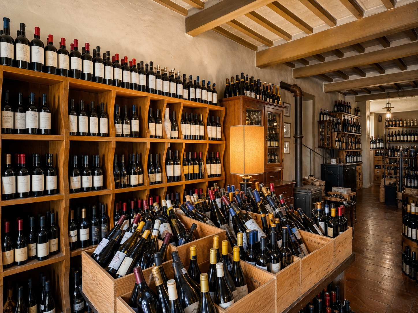 La sala dell'Enoteca Maestrini con scaffali e cassette colme di vini